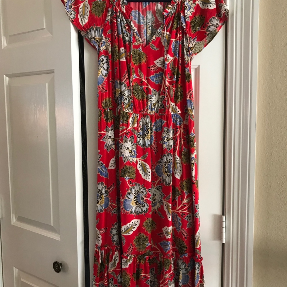 LOFT Red Floral Paisley Midi Length Dress Size M
